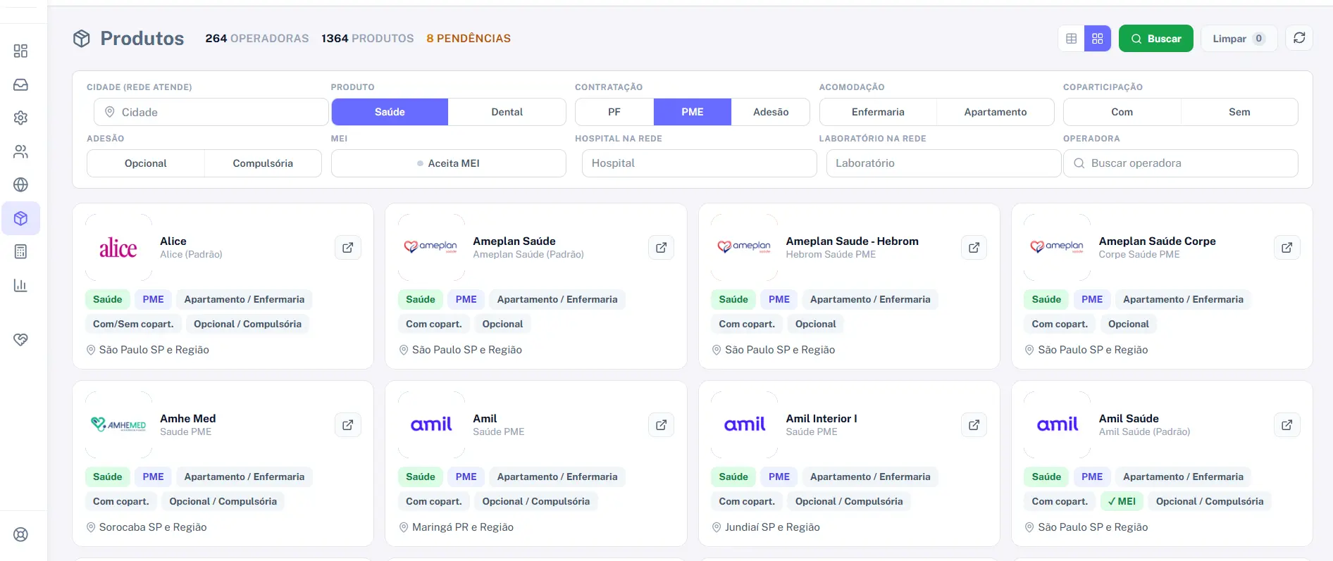 Tela real do módulo Catálogo de Produtos do Coteplan mostrando filtros e cards de operadoras