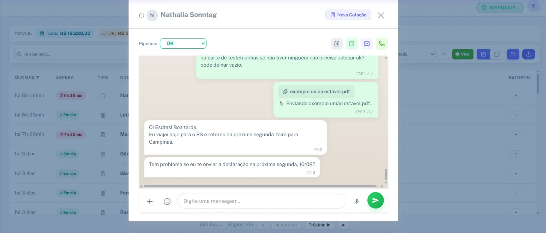 Chat de WhatsApp aberto dentro do CRM Coteplan com botão Nova Cotação no topo e conversa real com cliente